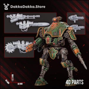 May include: A green and metallic grey bipedal robot miniature with a skull emblem on its chest shield, featuring interchangeable weapon arms including a saw blade and cannons. The text DakkaDakka.Store, 40 PARTS, and dimensions 112.5 mm by 88 mm by 66 mm.