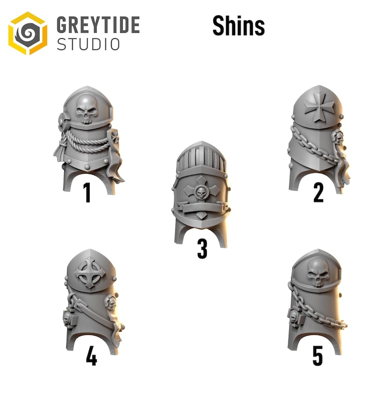 May include: An image displays five gray shin armor designs. Each piece features intricate details, including skulls, crosses, and chains. The text "Shins" is above the armor pieces, and the logo for "GREYTIDE STUDIO" is in the upper left corner.