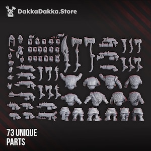 May include: A collection of 73 unique miniature parts, including weapons, armor, and body components. The parts are in a neutral gray color, suitable for painting. The text "73 UNIQUE PARTS" is visible.