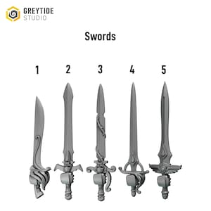 Könnte beinhalten: Fünf graue Fantasy-Schwerter mit verzierten Griffen und Klingen werden vor einem weißen Hintergrund gezeigt. Das Wort "Swords" ist in Schwarz über den Schwertern gedruckt. Die Schwerter sind von 1 bis 5 nummeriert.
