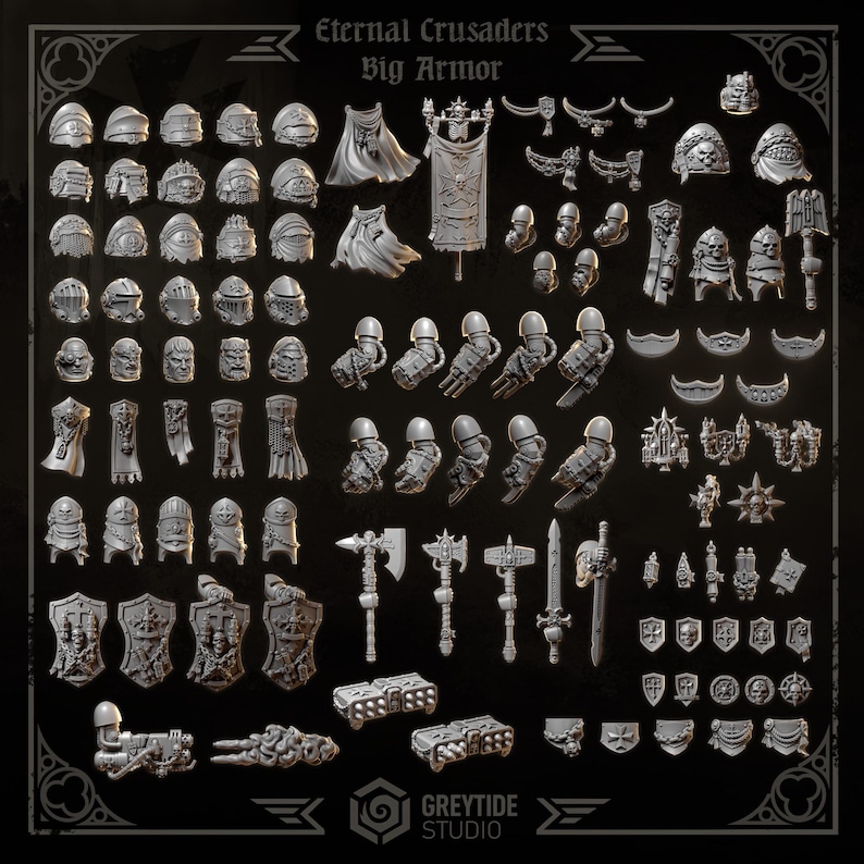May include: A collection of unpainted miniature armor pieces, weapons, and accessories. The image includes helmets, shoulder pads, shields, swords, axes, and banners. The text "Eternal Crusaders Big Armor" is at the top, with the "Greytide Studio" logo at the bottom.