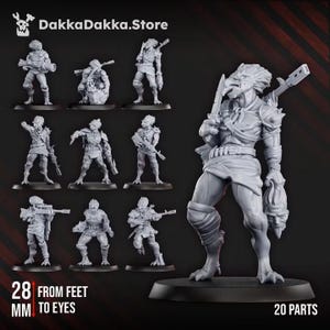 May include: A collection of grey resin miniature figures from DakkaDakka.Store, featuring avian-like humanoid warriors in various combat poses. Each figure stands on a circular base, with one prominent character holding a severed head. 28 mm scale.