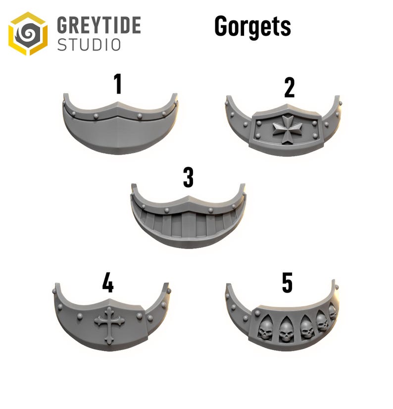 May include: A collection of five gray gorgets, each with a unique design. The gorgets are numbered 1 through 5. The text "Gorget" is displayed above the gorgets. The Greytide Studio logo is in the upper left corner.