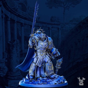 May include: A blue and gold miniature figure of a warrior in ornate armor, holding a large sword. The figure stands on a rocky base, with a flowing cape and a helmet. The background features a dark, architectural setting.