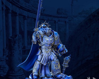 May include: A blue and gold miniature figure of a warrior in ornate armor, holding a large sword. The figure stands on a rocky base, with a flowing cape and a helmet. The background features a dark, architectural setting.