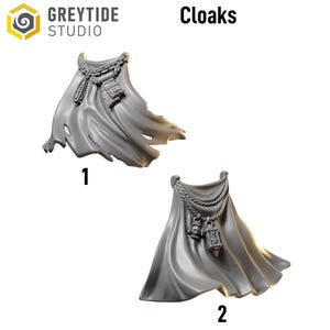 May include: Two gray cloaks with decorative elements. The first cloak features a chain and rectangular accents. The second cloak has a rope design, a skull, and a lantern. The word "Cloaks" is displayed above the items.