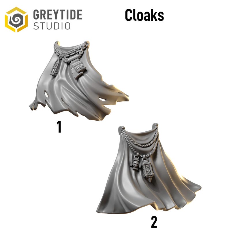 May include: Two gray cloaks with decorative elements. The first cloak features a chain and rectangular accents. The second cloak has a rope design, a skull, and a lantern. The word "Cloaks" is displayed above the items.