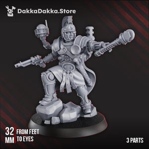 May include: A grey miniature figure of a futuristic warrior, posed on a rocky base. The figure is armed with a gun and a mace-like weapon. The text on the image reads "32 mm from feet to eyes" and "3 parts". The DakkaDakka.Store logo is in the upper left corner.