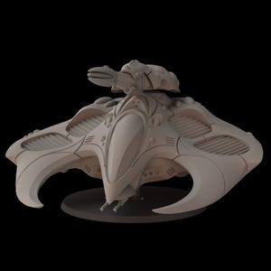 May include: A light gray, futuristic spacecraft model with a central cockpit, wing-like structures, and a weapon turret. The model is set against a black background, showcasing its detailed design and curves.