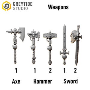 May include: A collection of gray plastic weapons, including an axe, two hammers, and two swords. The weapons are labeled with numbers and the words "Axe", "Hammer", and "Sword". The image also includes the text "GREYTIDE STUDIO" and "Weapons".