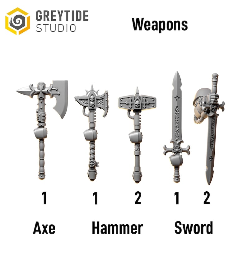 May include: A collection of gray plastic weapons, including an axe, two hammers, and two swords. The weapons are labeled with numbers and the words "Axe", "Hammer", and "Sword". The image also includes the text "GREYTIDE STUDIO" and "Weapons".