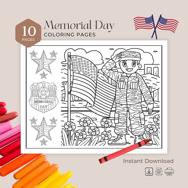 Memorial Day Coloring Pages (10 Sheets) Decoration Day Coloring Pages | PreK, Kindergarten & Homeschool | Digital Download