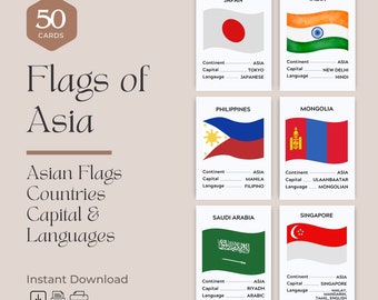 Asia Flags Flashcards (50 Cards), Asian Countries, Asian Capital, Languages, Flags | Montessori Materials, Flags of Asia Flashcards