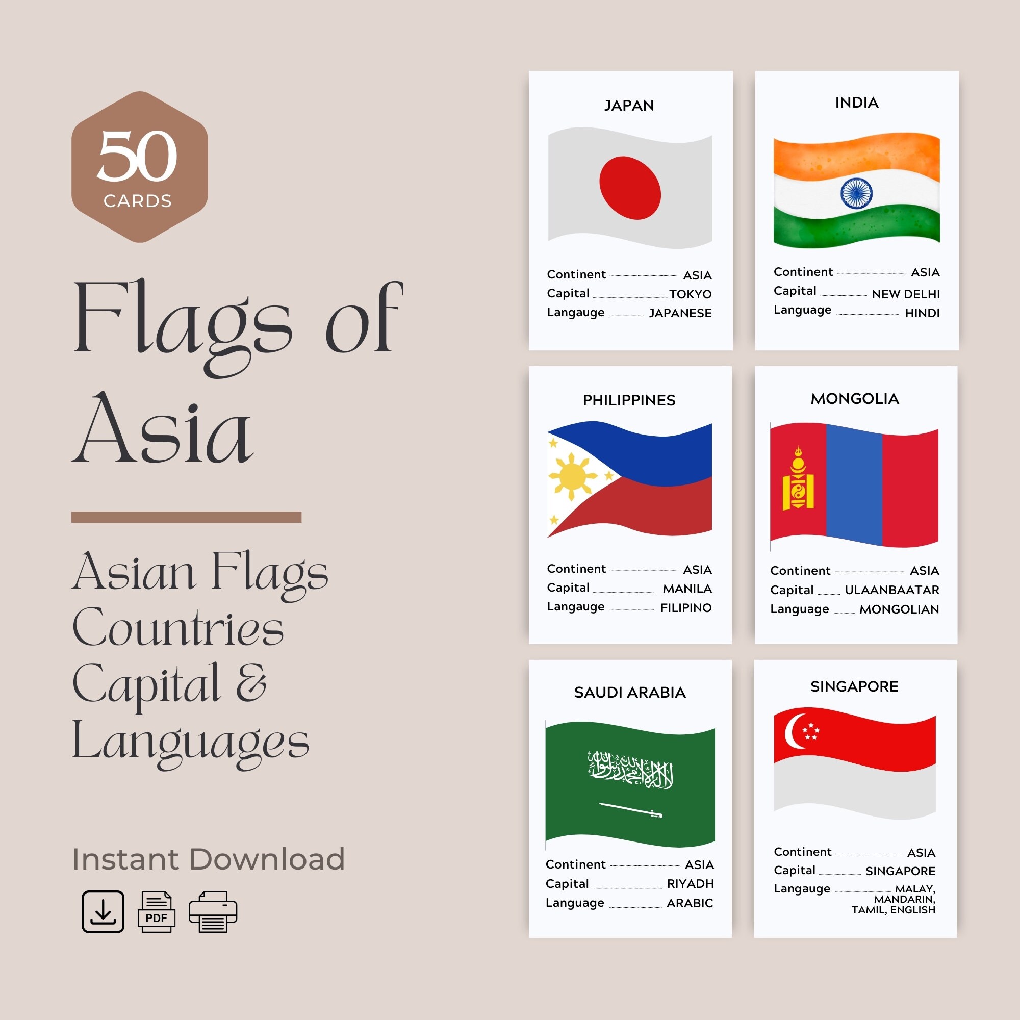 Asia Flags Flashcards 50 Cards, Asian Countries, Asian Capital