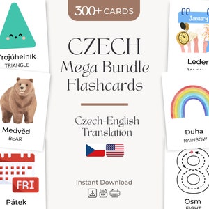 Czech Mega Bundle (300+ Cards) Flashcards | Numbers Shapes Days Months Seasons Colors Verbs | Bilingual Nomenclature Flashcards for Kids