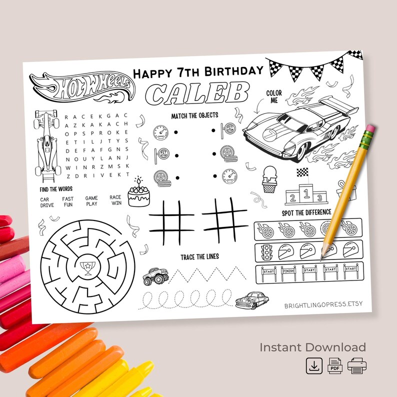Printable Hot Wheels Birthday Coloring Placemat Personalized Race Car ...