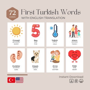 First Turkish Words Flashcards (72 Cards) w/ English Translation | Turkish Printable Flashcards | Bilingual Nomenclature Flashcards for Kids