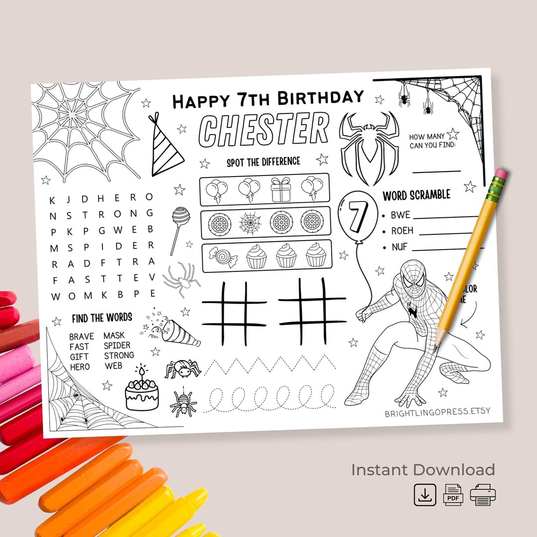 Printable Spiderman Birthday Coloring Placemat Personalized Spiderman ...