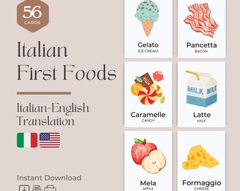Italian First Foods (56 Cards) Flashcards | Italian Foods Foods with English Translation | Bilingual Flashcards for Kids