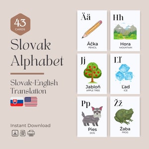 Slowakisches Alphabet (43 Karten) Lernkarten | Slowakische Lernkarten, Alphabete mit englischer Übersetzung | Zweisprachige Nomenklatur-Lernkarten