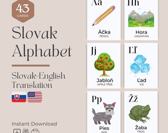 Slovak Alphabet (43 Cards) Flashcards | Slovak Flashcards Alphabets with English Translation | Bilingual Nomenclature Flashcards