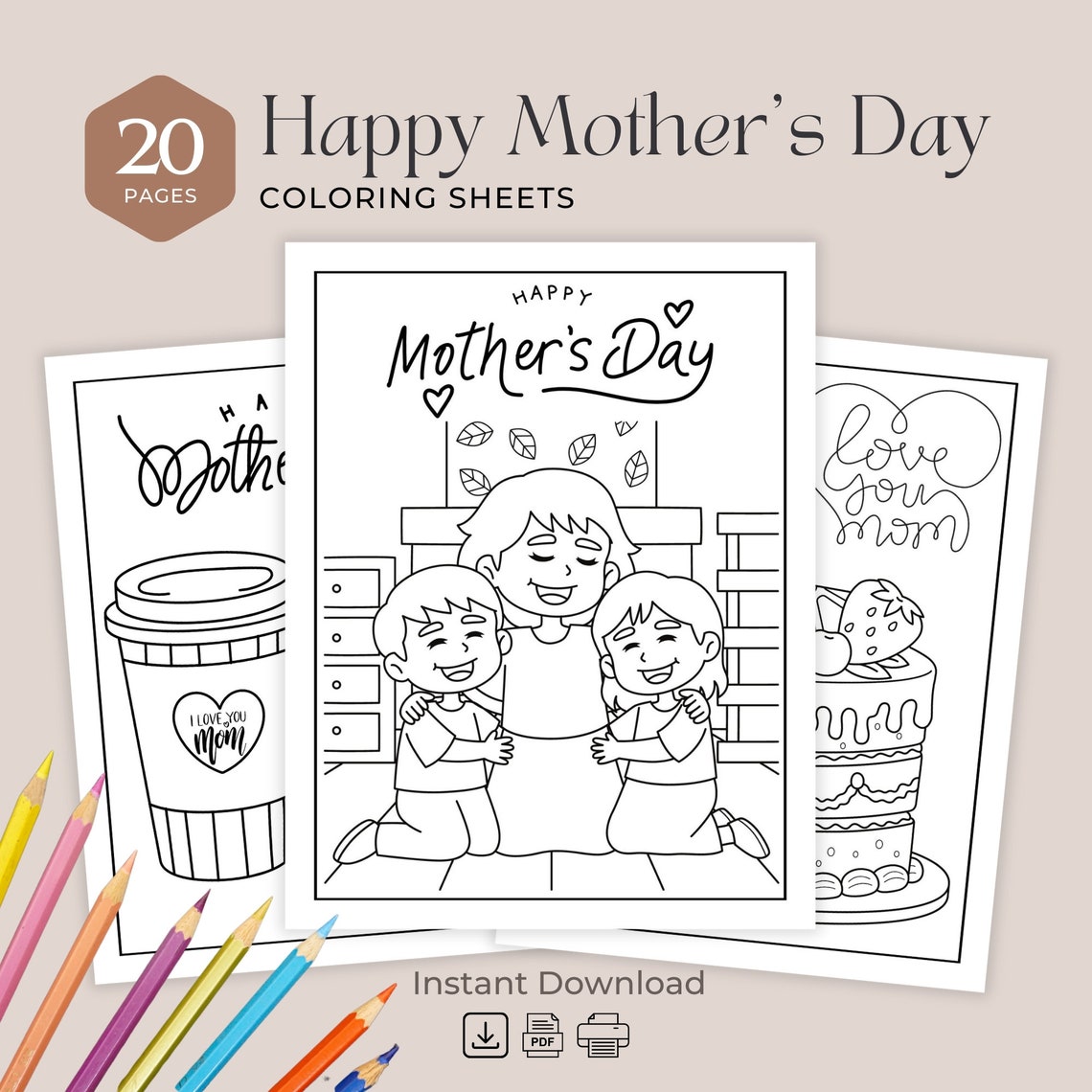 Mother's Day Coloring Pages 20 Sheets Printables Gift for Mom Happy ...