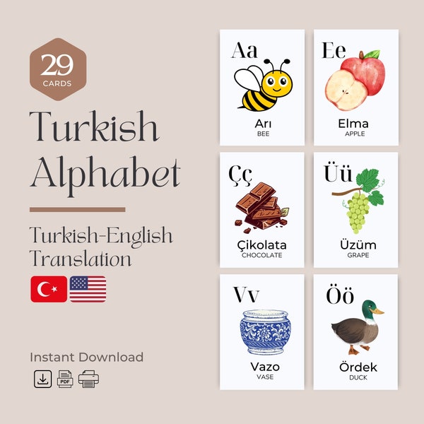 Turkish Alphabet (29 Cards) Flashcards | Turkish Flashcards Alphabets with English Translation | Bilingual Nomenclature Flashcards for Kids