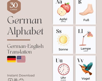 German Alphabet (30 Cards) Flashcards | German Flashcards Alphabets with English Translation | Bilingual Nomenclature Flashcards for Kids