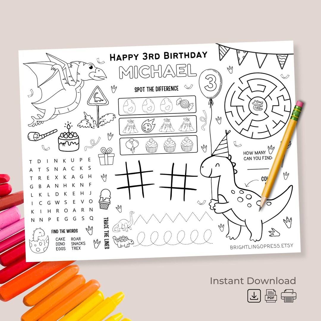 Printable Dinosaur Birthday Coloring Placemat Personalized Dinosaur ...