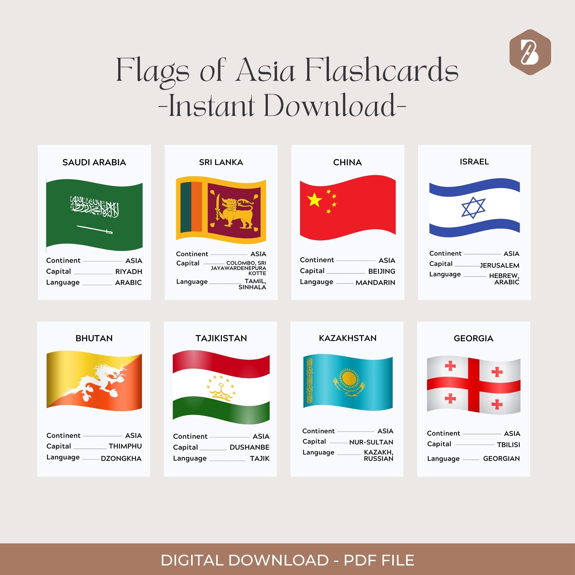 Asia Flags Flashcards 50 Cards, Asian Countries, Asian Capital