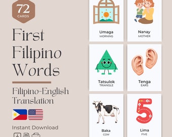 First Filipino Words Flashcards (72 Cards) w/ English Translation | Tagalog Printable Flashcards | Bilingual Nomenclature Flashcards