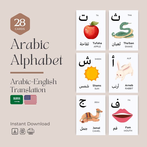 Alphabet arabe (28 cartes) Flashcards | Alphabets en arabe avec traduction en anglais | Cartes-éclair bilingues de nomenclature pour enfants