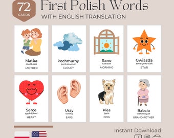 First Polish Words Flashcards (72 Cards) w/ English Translation | Polish Printable Flashcards | Bilingual Nomenclature Flashcards