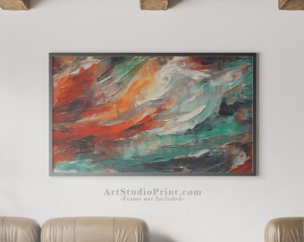 May include: Abstract painting with red, orange, green, and blue colors. The painting is framed in black and hanging on a white wall above a brown leather couch.