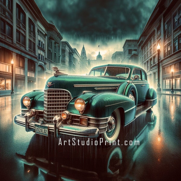 Antique Cadillac car in a dark teal color. Vintage Posters, wallpaper, Antique cars, Garage Decor, office posters. Photography, AI-generated