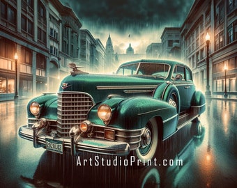 Cadillac antiguo en color verde azulado oscuro. Pósters vintage, papel pintado, coches antiguos, decoración de garaje, pósters de oficina. Fotografía generada por IA.