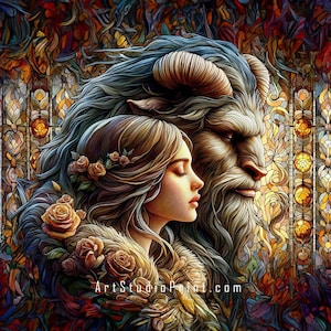 The Beauty and The Beast inspired wall art Poster. Mosaic detail, fantasy, Background, wall decor , Print, Elegant lines, red roses.