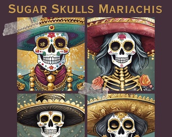 Festive Sugar Skulls Mariachis Digital Art Collection. Dia De Los Muertos Skeleton Sugar Skull Marigold  Art Print. High Quality Download
