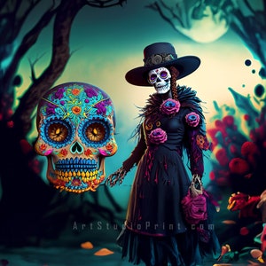 Stampa artistica da parete "Dia de los Muertos" con teschio di zucchero e calendula, ispirata al Giorno dei Morti. Poster con stampa artistica di Halloween, teschio di zucchero e calendula, in Messico.