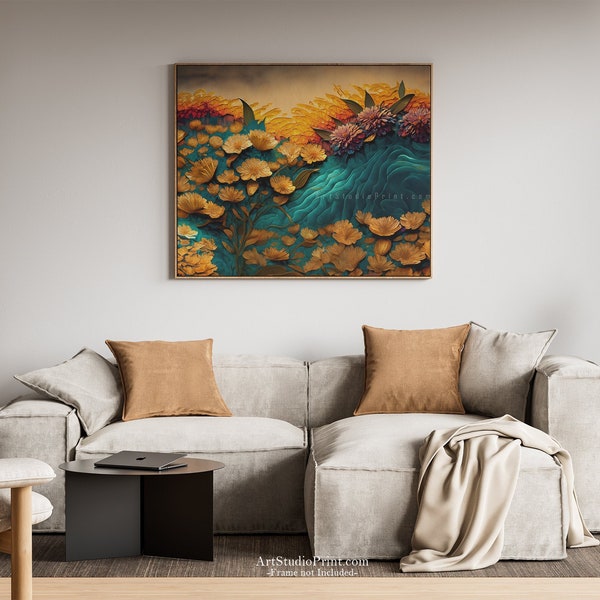 Golden Flowers on a Teal River Wall Art. Layered Paper unique decor home art vibrant colors gold and teal texture premium