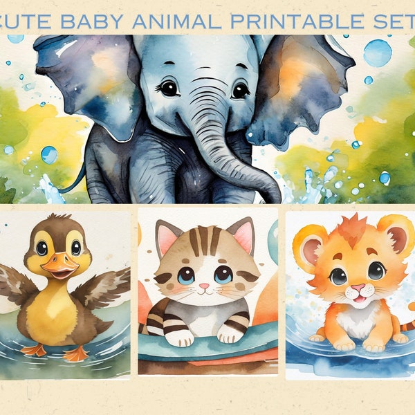 Cute Baby Animal printable collection, Children Room Decor, Interior design, Elephant, Cat, Bunny, Lion, Duck, Nursery, watercolor, Prints