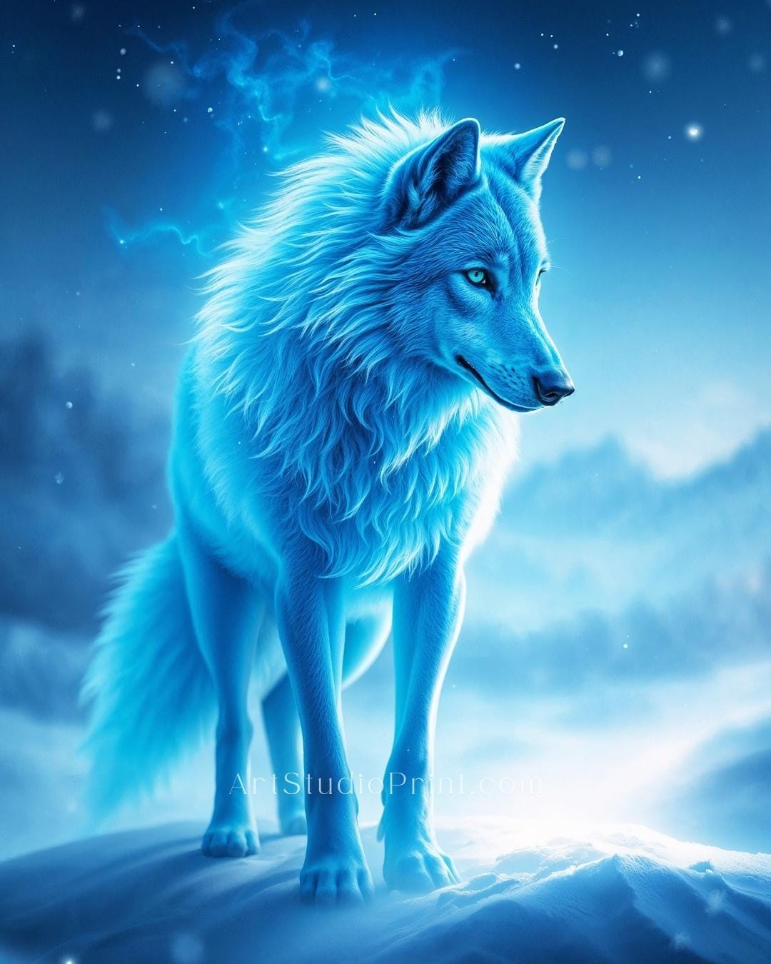 Mystical Blue Wolf Art Spiritual Animal Digital Download | Fantasy
