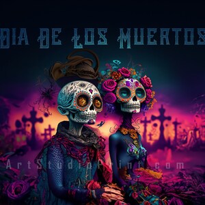 Art mural Dia de los Muertos Love, le jour des morts Dia de los Muertos squelette en sucre crâne de souci Mexique Halloween impression d&#39;art Poster