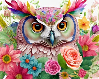 Floral Owl Art Print Colorful Watercolor Owl Digital Download | Whimsical Nature Wall Art | Boho Animal Illustration for Home Decor oil