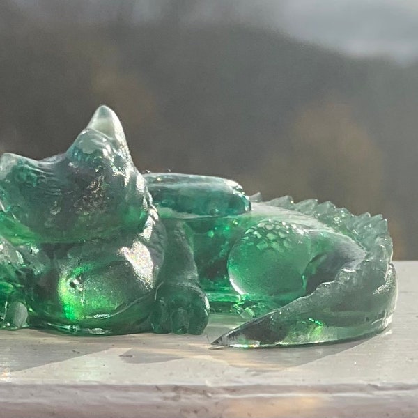 Green Epoxy resin dragon figurine with dyed snake skin wings and green adventurine ears and horns