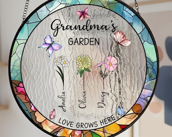 Personlig mormor, familjeblompresent, Personlig solfångare i trädgården, Fönsterhänge till mormor, Mors dag-present till mormor