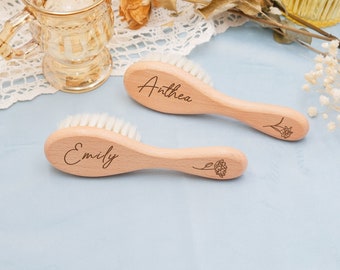 Personalized Birth Flower Baby Hair Brush: Custom Wood Keepsake