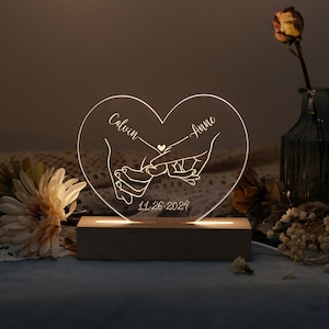 Luz de noche personalizada, luz LED con nombre de pareja en forma de corazón, regalo de boda, regalo para ella, pareja romántica de San Valentín, regalo de aniversario, lámpara de dormitorio