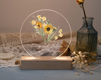 Custom Couples Name Night Light with Sunflower, Personalized Led Night light, Anniversary Gift, Valentine’s Gift, Unique Wedding Gift