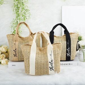 Nom personnalisé sac de plage/sacs fourre-tout de demoiselle d'honneur/cadeau de célibataire/cadeaux de fête de mariage/sac en toile de jute de demoiselle d'honneur/sacs de paille/sac cadeau de mariage/sac d'été